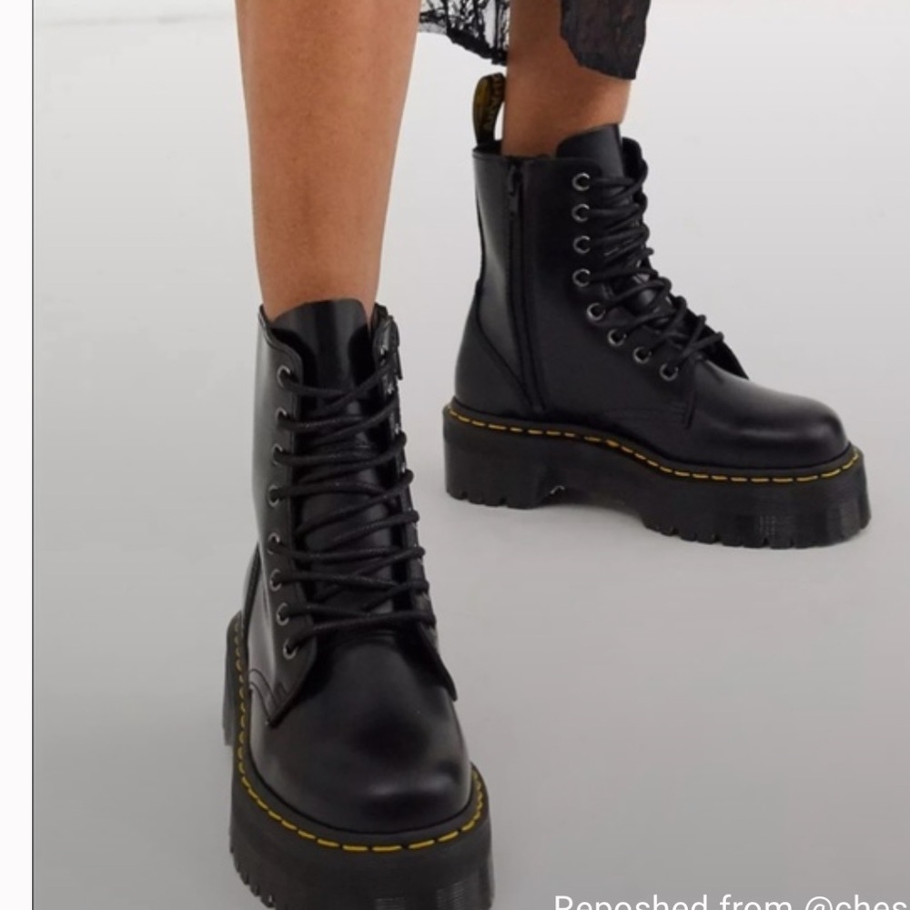 Dr. Martens Black Leather Platform Lace-Up Ankle Boots with Yellow Stitching